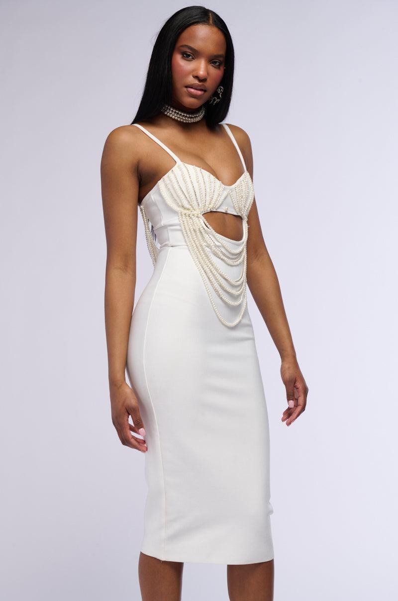 HARRIET DRAPED PEARL BODYCON MIDI DRESS IN WHITE Product Image