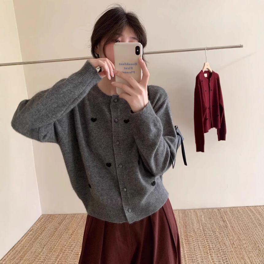 Crew Neck Heart Patterned Cardigan Product Image