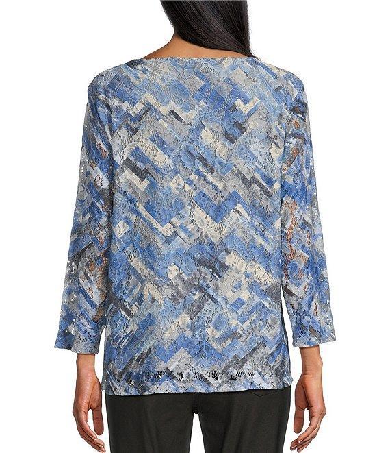 Multiples Printed Scoop Neck 3/4 Sleeve Fitted Lace Knit Top Product Image