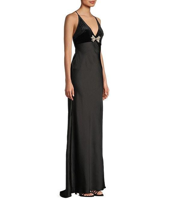 Pear Culture Velvet Satin V-Neck Spaghetti Strap Rhinestone Bow Dress Product Image