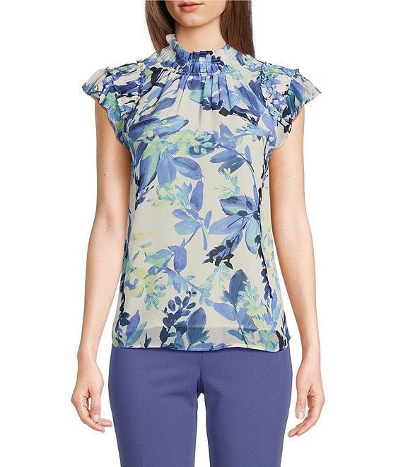 Calvin Klein Printed Chiffon Mock Neck Ruffle Detail Top Product Image