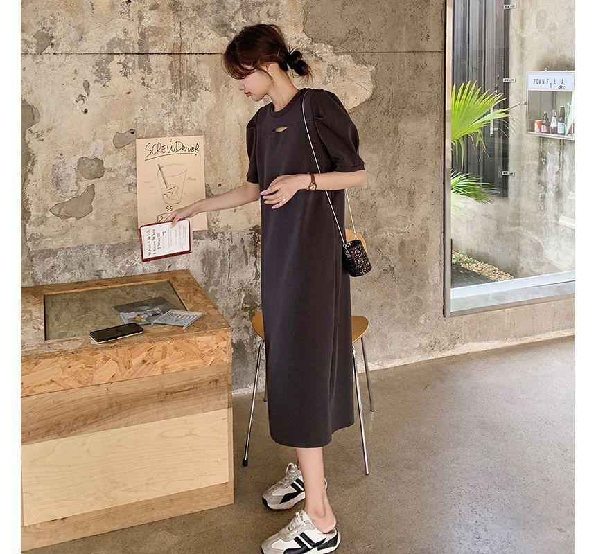 Puff-Sleeve Crew Neck Plain Cutout Midi T-Shirt Dress Product Image