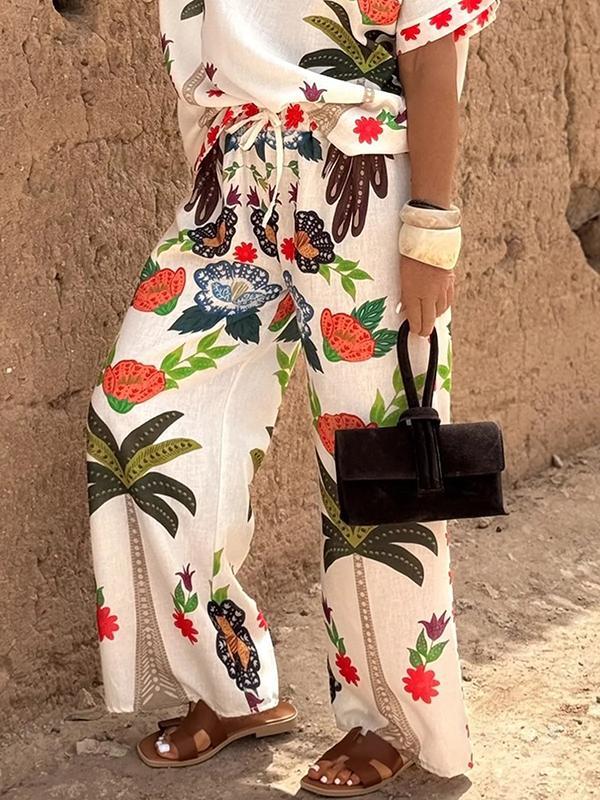 High Waisted Loose Drawstring Elasticity Printed Split-Joint Pants Trousers Product Image