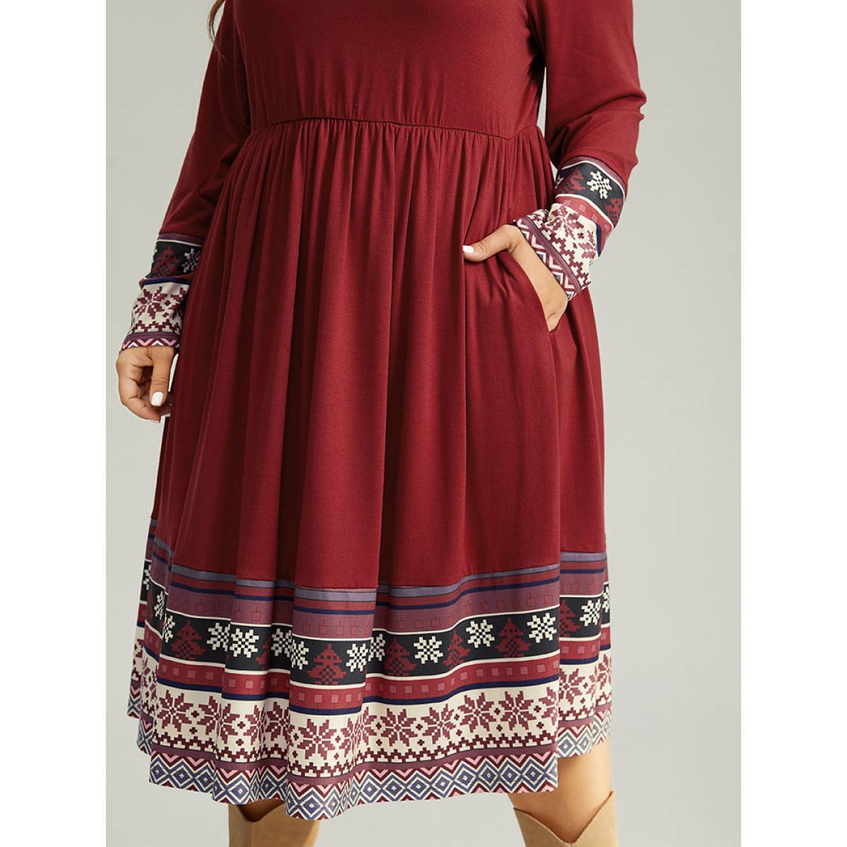 Plus Size Christmas Boho Print Patchwork Elastic Waist Dress Raspberry Women Casual Gathered Round Neck Long Sleeve Curvy Midi Dress BloomChic 10/M Product Image
