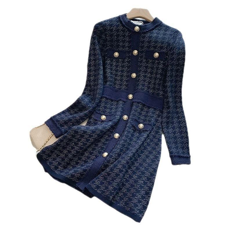 Long-Sleeve Crew Neck Houndstooth Button Mini A-Line Knit Dress Product Image