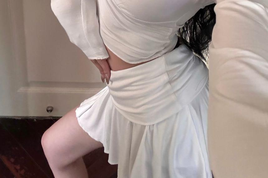 Plain Crop Camisole Top / Long-Sleeve V-Neck Crop T-Shirt / Mid Rise Mini A-Line Skirt Product Image
