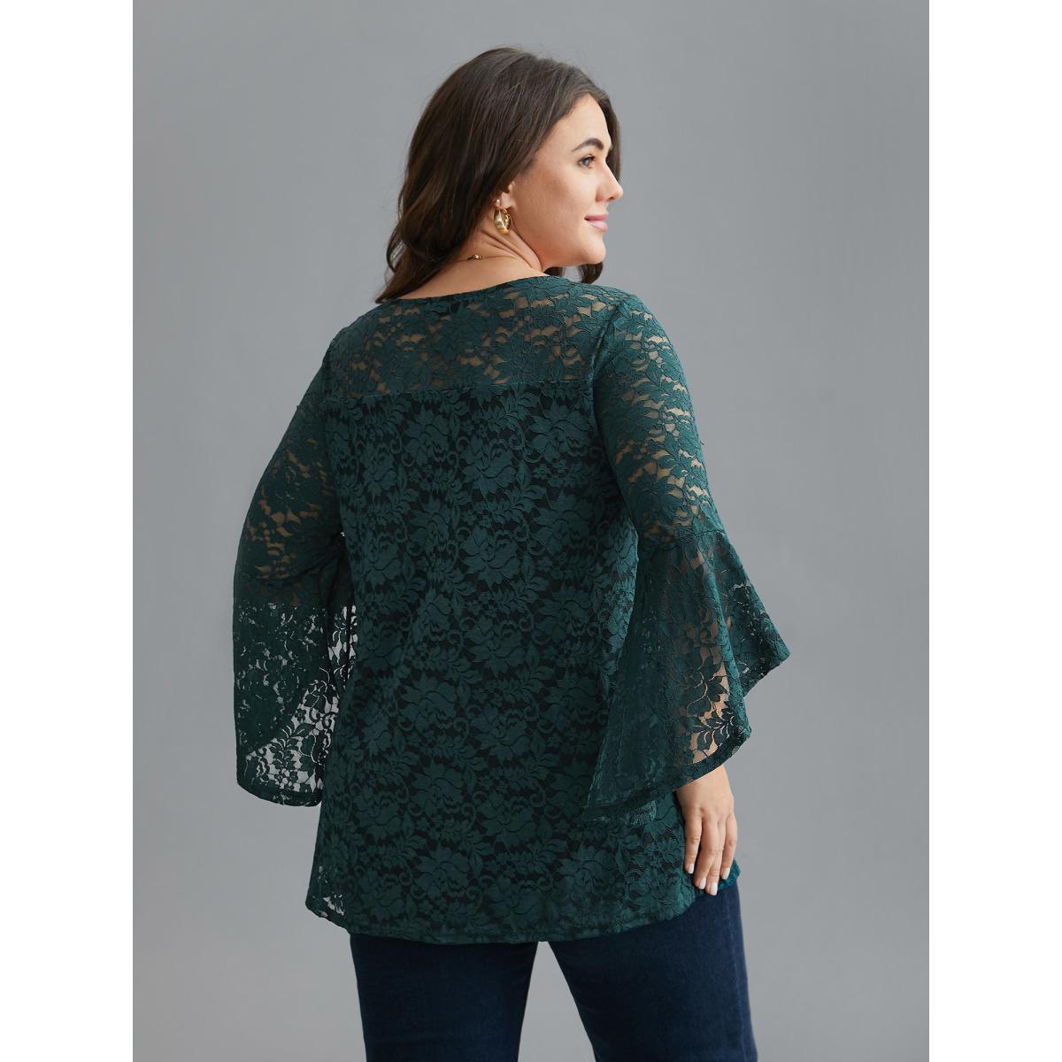 Plus Size DarkGreen Sheer Lace Irregular Sleeve Lined Shirt Women Elegant Long Sleeve Round Neck Everyday Blouses BloomChic 10/M Product Image