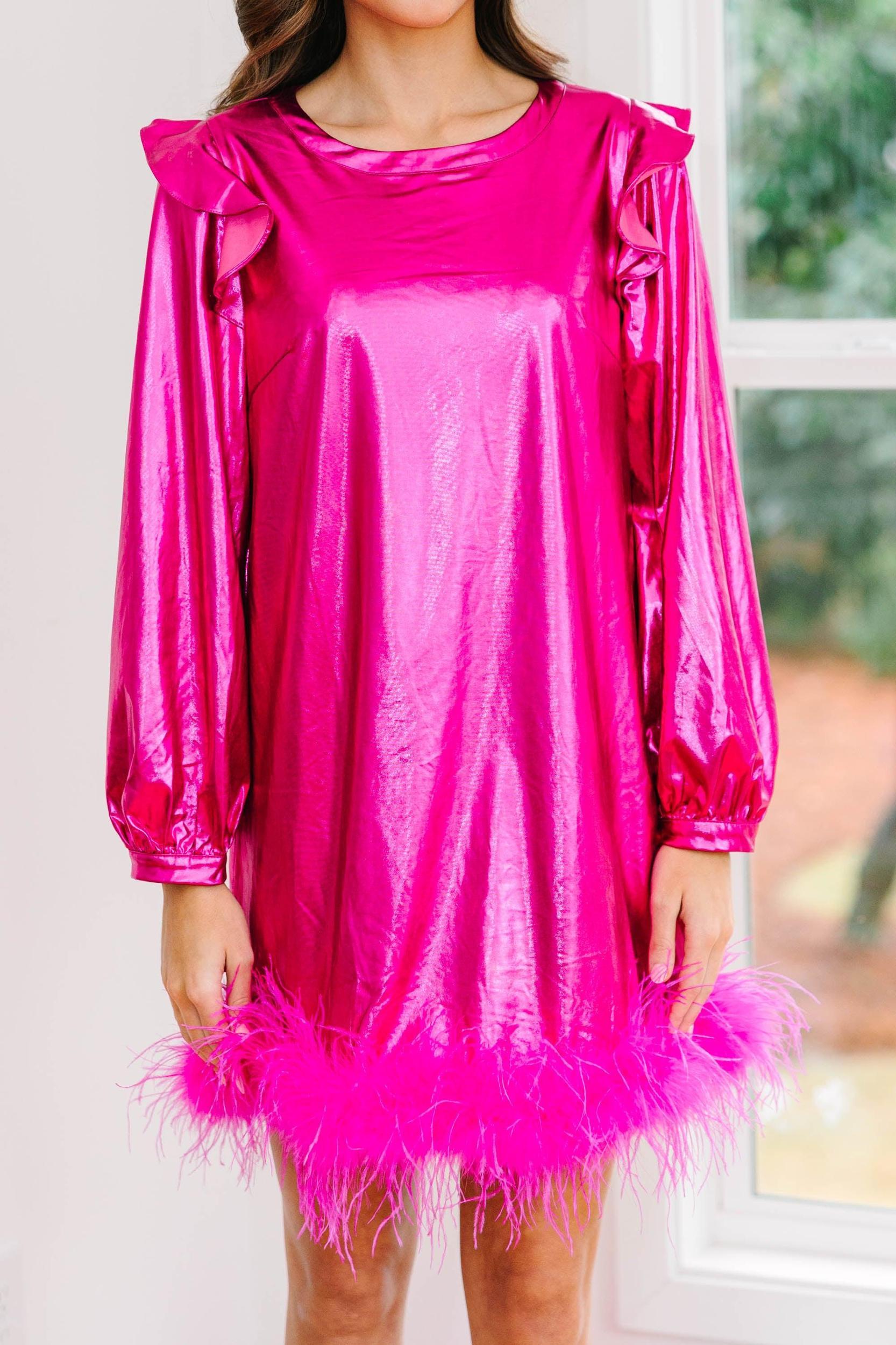 Rising Star Hot Pink Metallic Feather Trim Dress Female Product Image