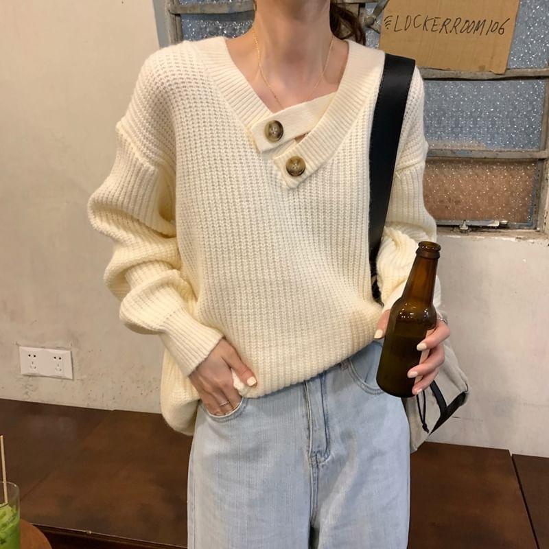 Asymmetrical Neck Plain Button Accent Sweater Product Image
