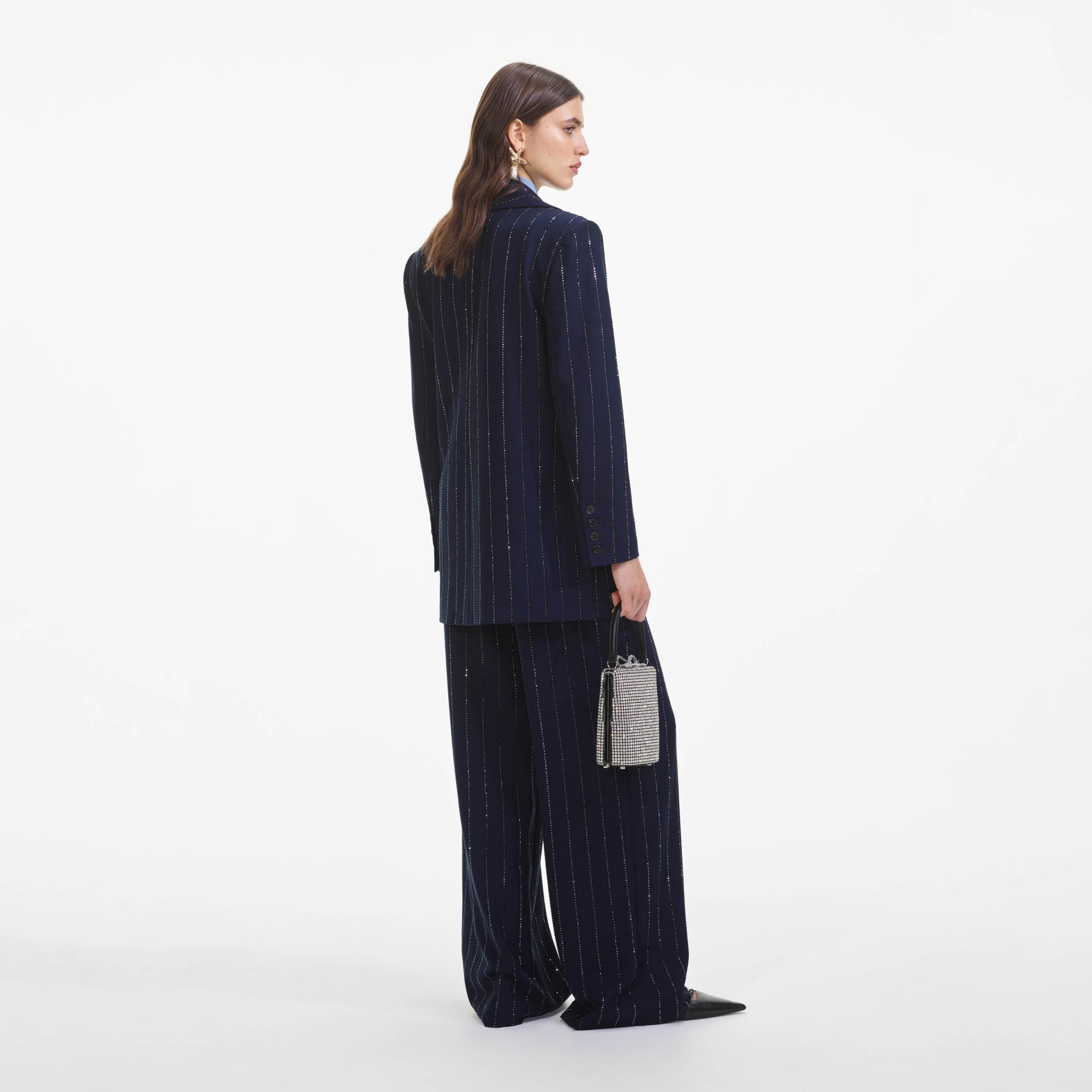 Navy Rhinestone Pinstripe Trousers Product Image