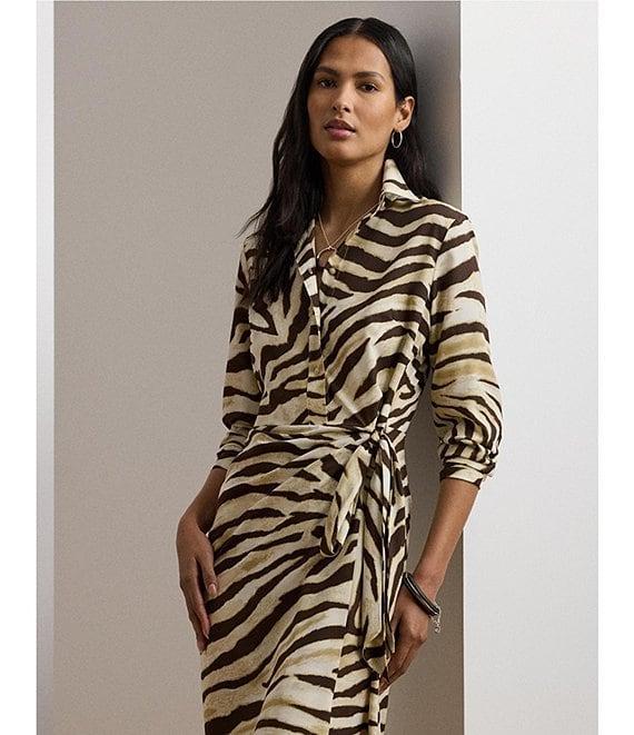 Lauren Ralph Lauren Petite Size Zebra Crepe De Chine Point Collar Tie Front Faux Wrap Dress Product Image