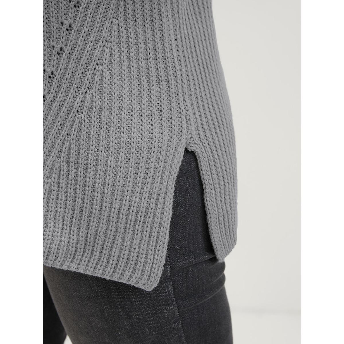 Plus Size Solid Pointelle Knit Mock Neck Bell Sleeve Split Knit Top Gray Women Casual Loose Long Sleeve Mock Neck Dailywear Pullovers BloomChic 12/L Product Image