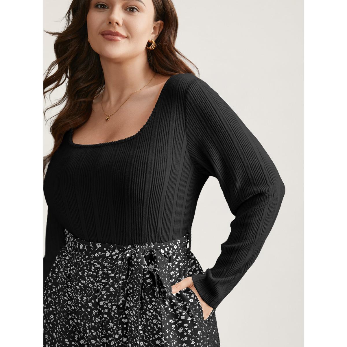 Plus Size Black Textured Square Neck Belted Floral Jumpsuit Women Elegant Long Sleeve Square Neck Everyday Loose Jumpsuits BloomChic 14-16/1X Product Image