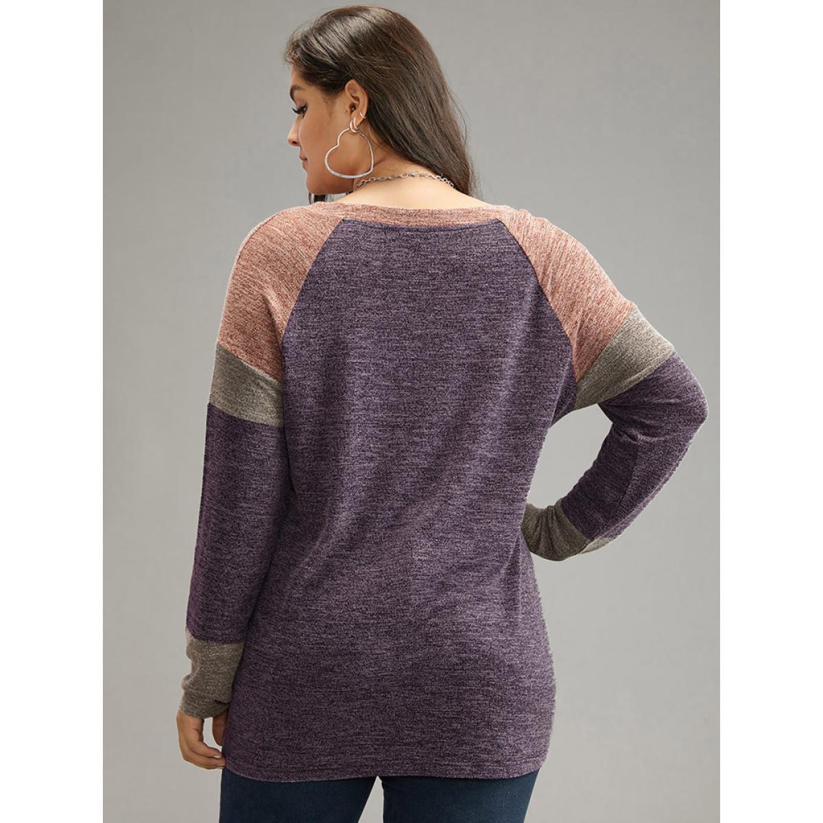 Plus Size Contrast Pocket Raglan Sleeve T-shirt Purple Women Casual Contrast Plain V-neck Dailywear T-shirts BloomChic 26/4X Product Image