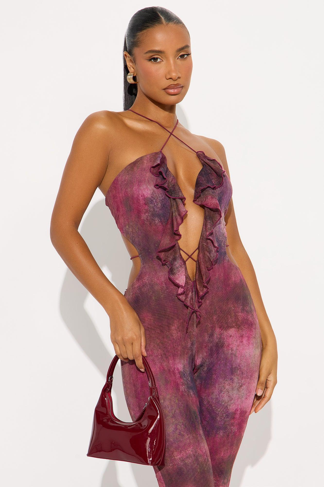 Nola Mesh Flare Jumpsuit - Plum Product Image
