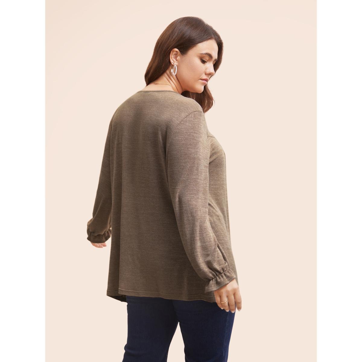 Plus Size Round Neck Heather Pleated T-shirt DarkBrown Women Elegant Pleated Round Neck Loose Everyday T-shirts BloomChic 28/5X Product Image