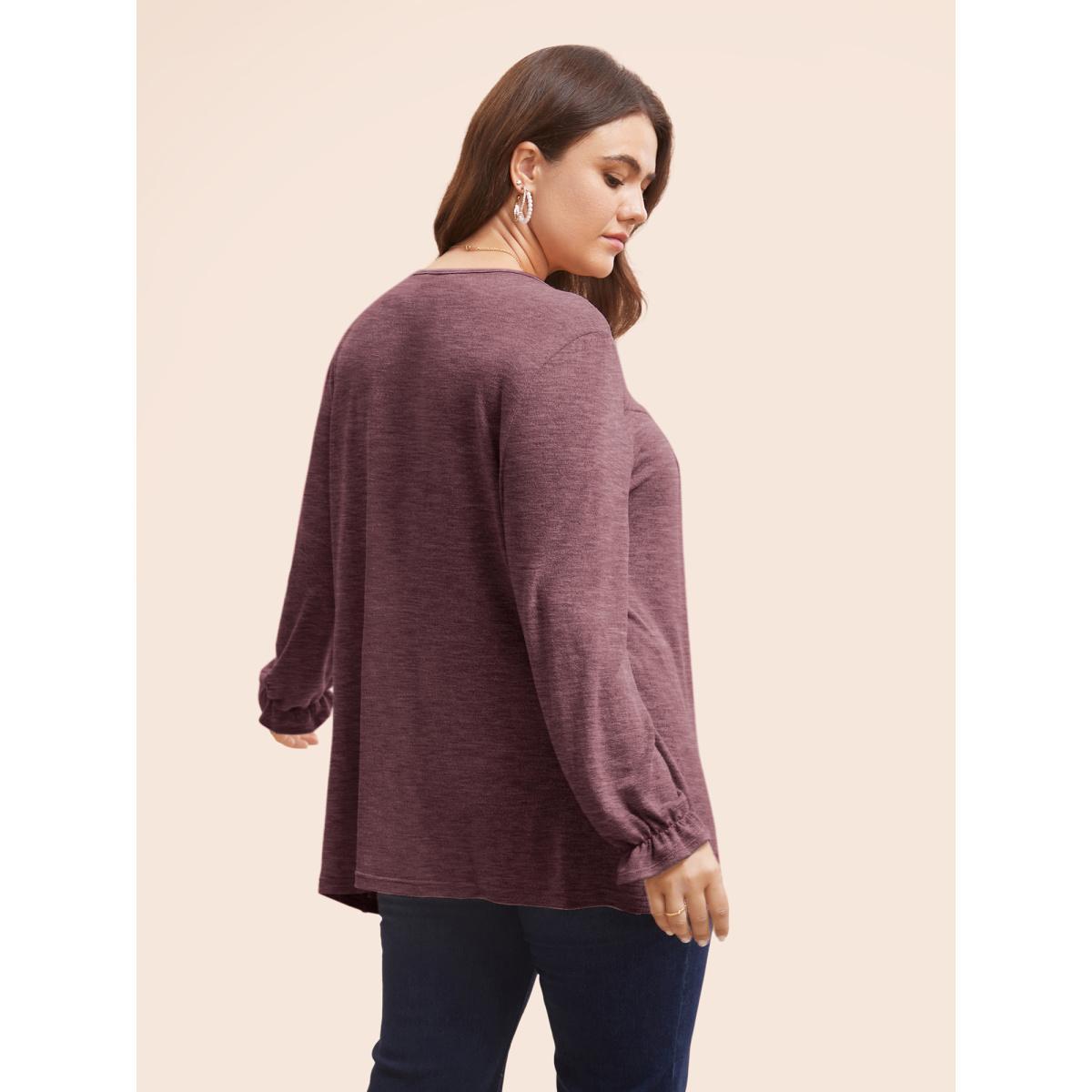 Plus Size Round Neck Heather Pleated T-shirt RedViolet Women Elegant Pleated Round Neck Loose Everyday T-shirts BloomChic 30/6X Product Image