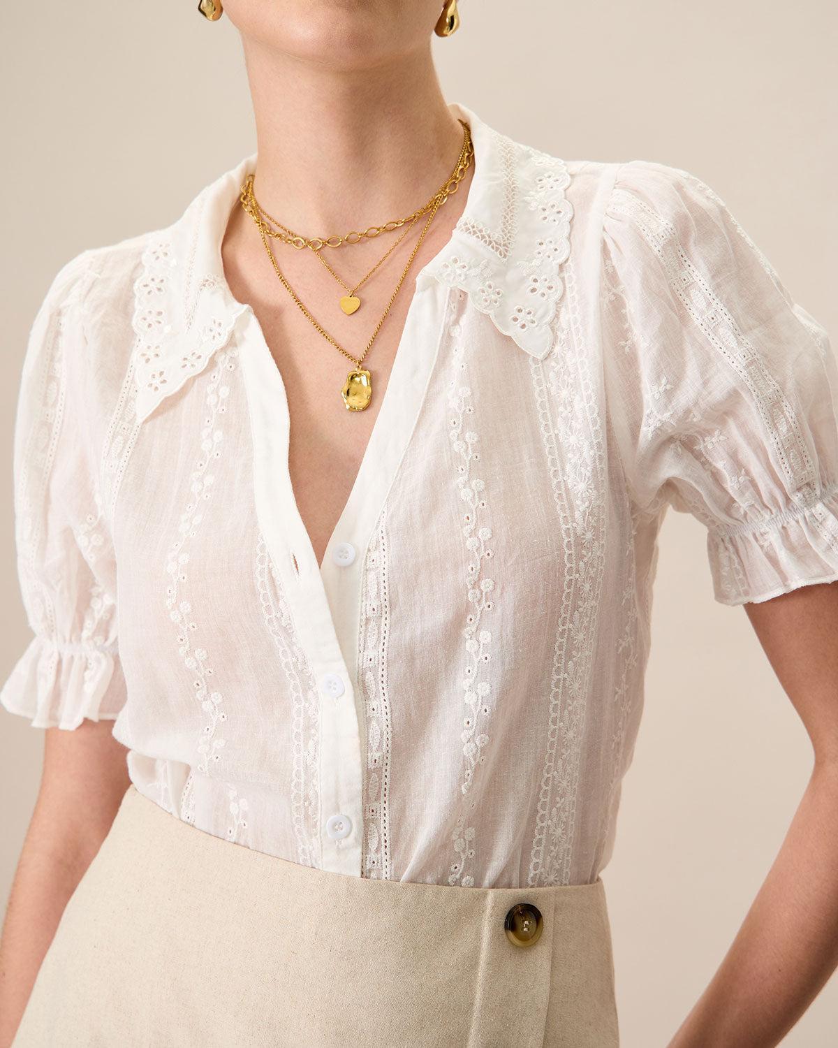 Women's White Collared Lace Embroidery Cotton Blouse Female Product Image