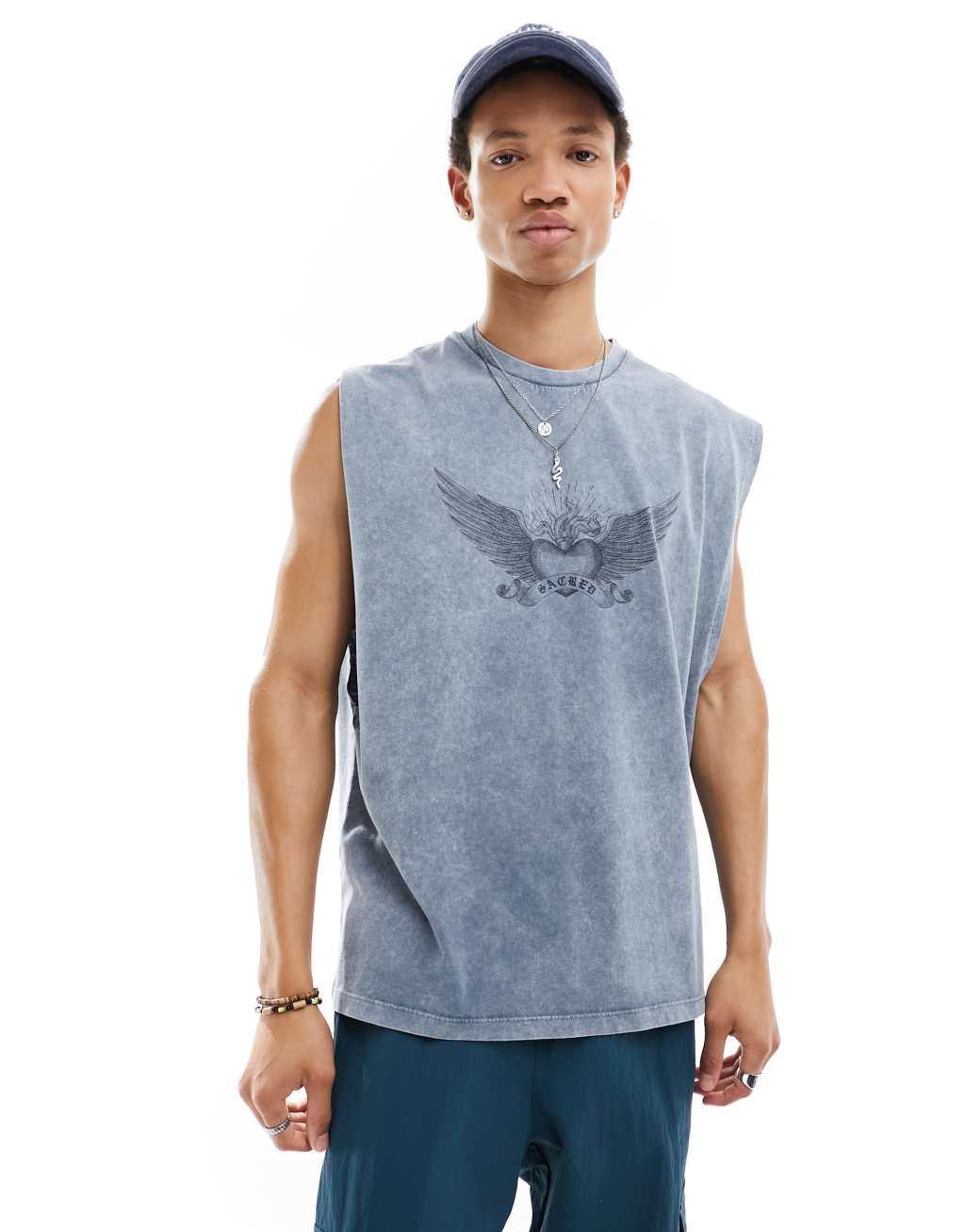 ASOS DESIGN oversized tank in washed blue with grunge chest print Product Image