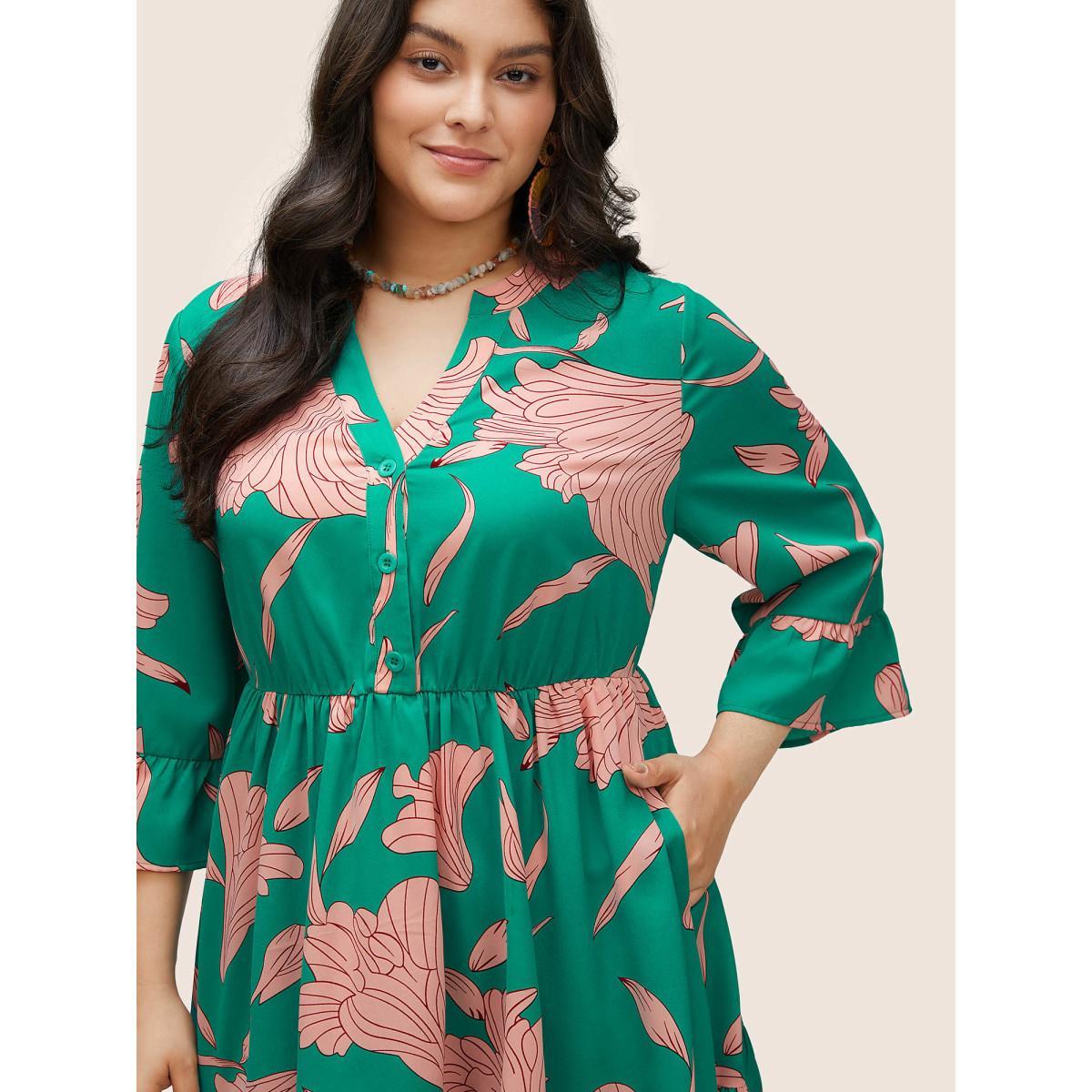 Plus Size Floral Notched Button Up Patchwork Ruffles Dress Green Women Elegant Non Notched collar Elbow-length sleeve Curvy Midi Dress BloomChic 22-24/3X Product Image
