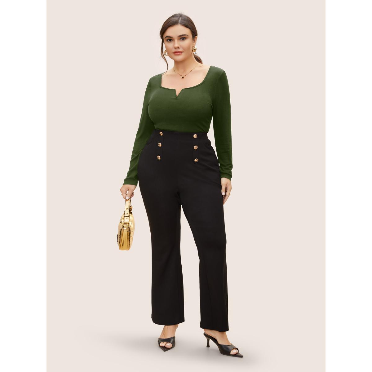 Plus Size V-notch Solid Knit T-shirt ArmyGreen Women At the Office Texture Flat collar with V-notch Skinny Work T-shirts BloomChic 28/5X Product Image