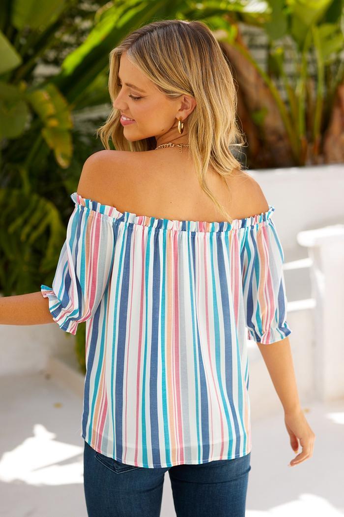 Off The Shoulder Rainbow Striped Product Image