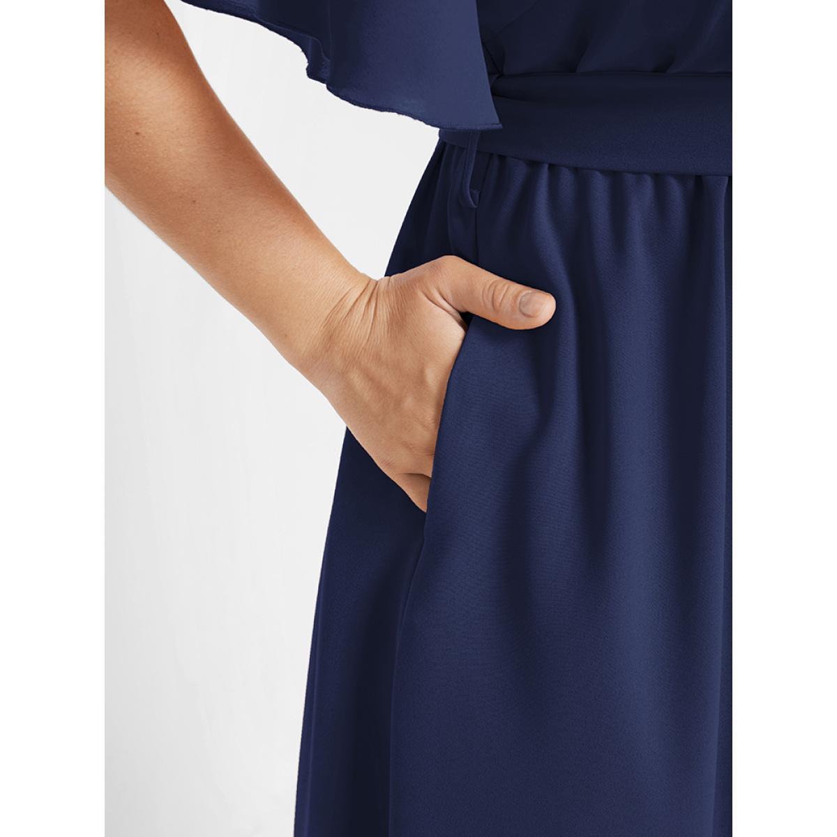 Plus Size DarkBlue Solid Belted Asymmetrical Hem Flutter Wrap Blouse Women Elegant Short sleeve V-neck Dailywear Blouses BloomChic 10/M Product Image