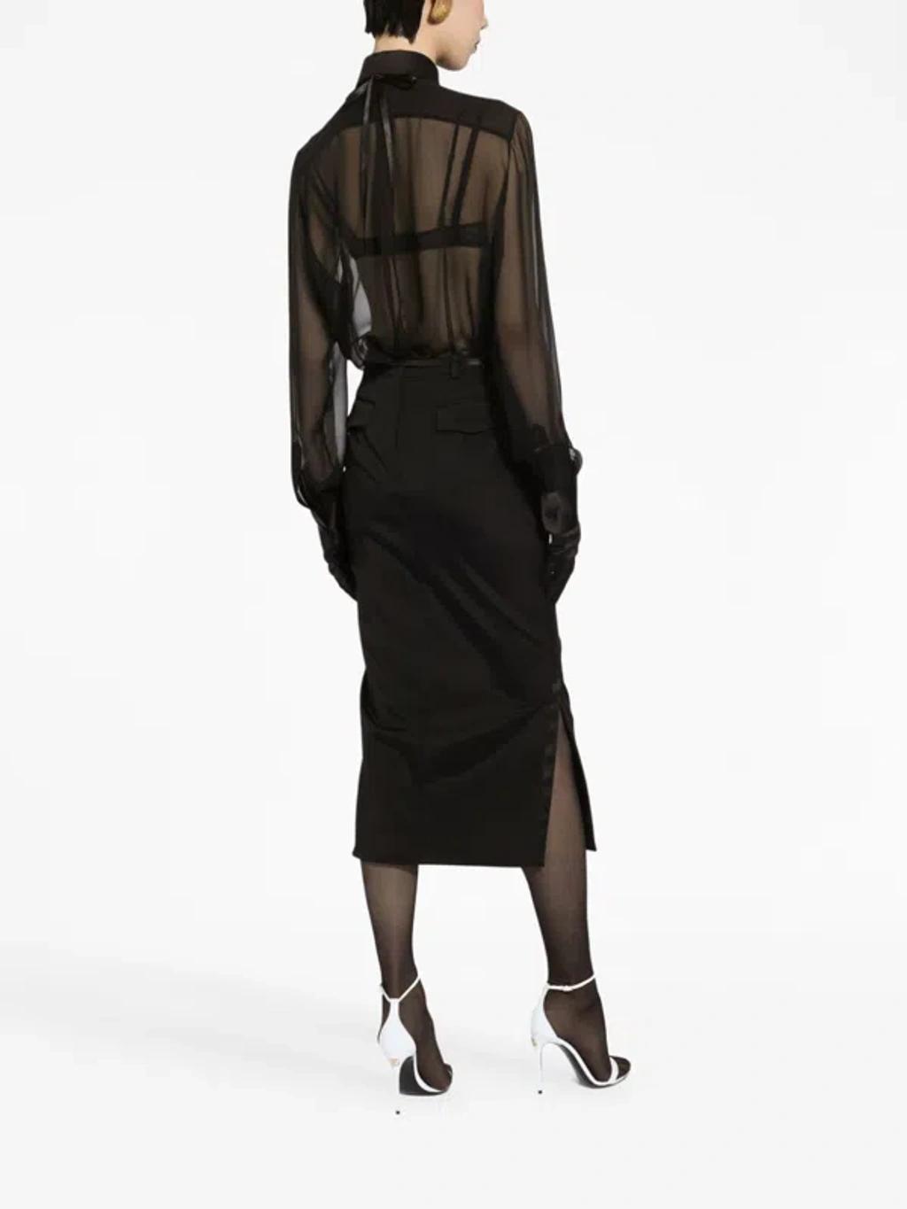 DOLCE & GABBANA Floral Appliqué Silk Shirt With Mesh Panels In Black Product Image