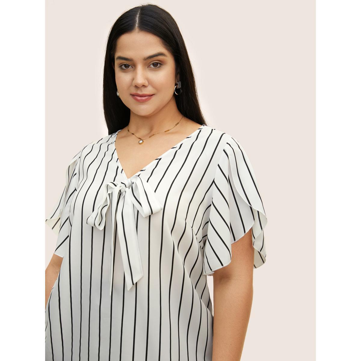 Plus Size Originalwhite Striped Tie Knot Petal Sleeve Blouse Women Work From Home Cap Sleeve V-neck Work Blouses BloomChic 10/M Product Image