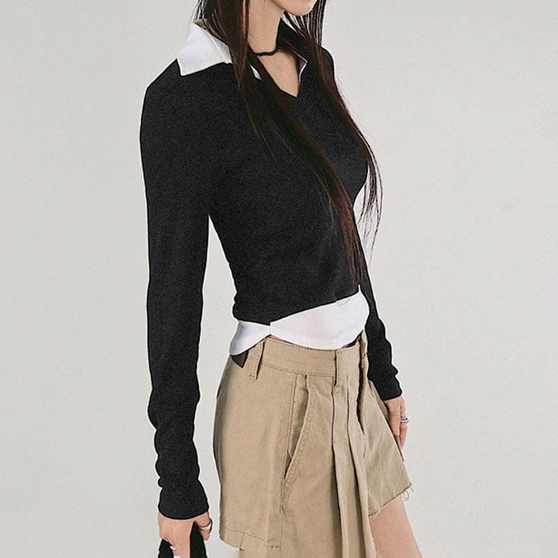 Long Sleeve V-Neck Mock Two Piece Crop Top Product Image