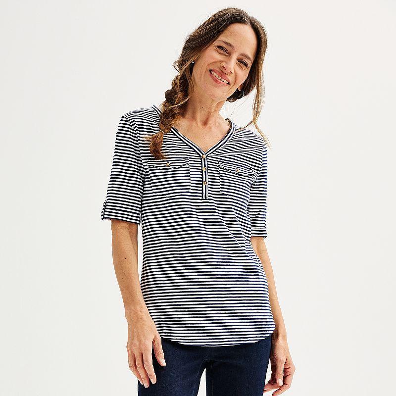 Petite Croft & Barrow® Elbow Sleeve Utility Henley Top, Women's, Size: Small Petite, Bright White Product Image