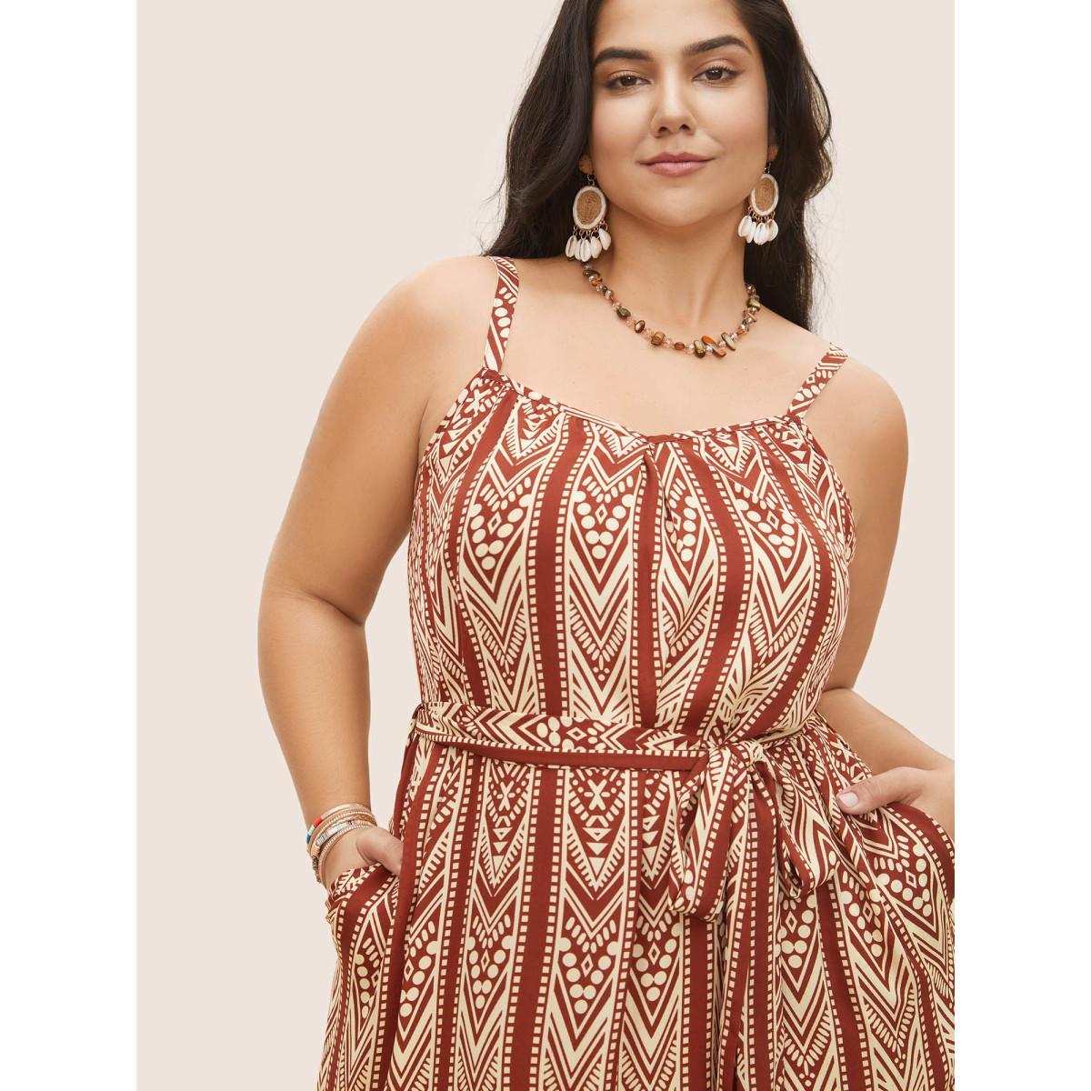 Plus Size Bandana Striped Plicated Detail Belted Cami Dress Maroon Women Resort Belted Non Sleeveless Curvy Midi Dress BloomChic 28/5X Product Image