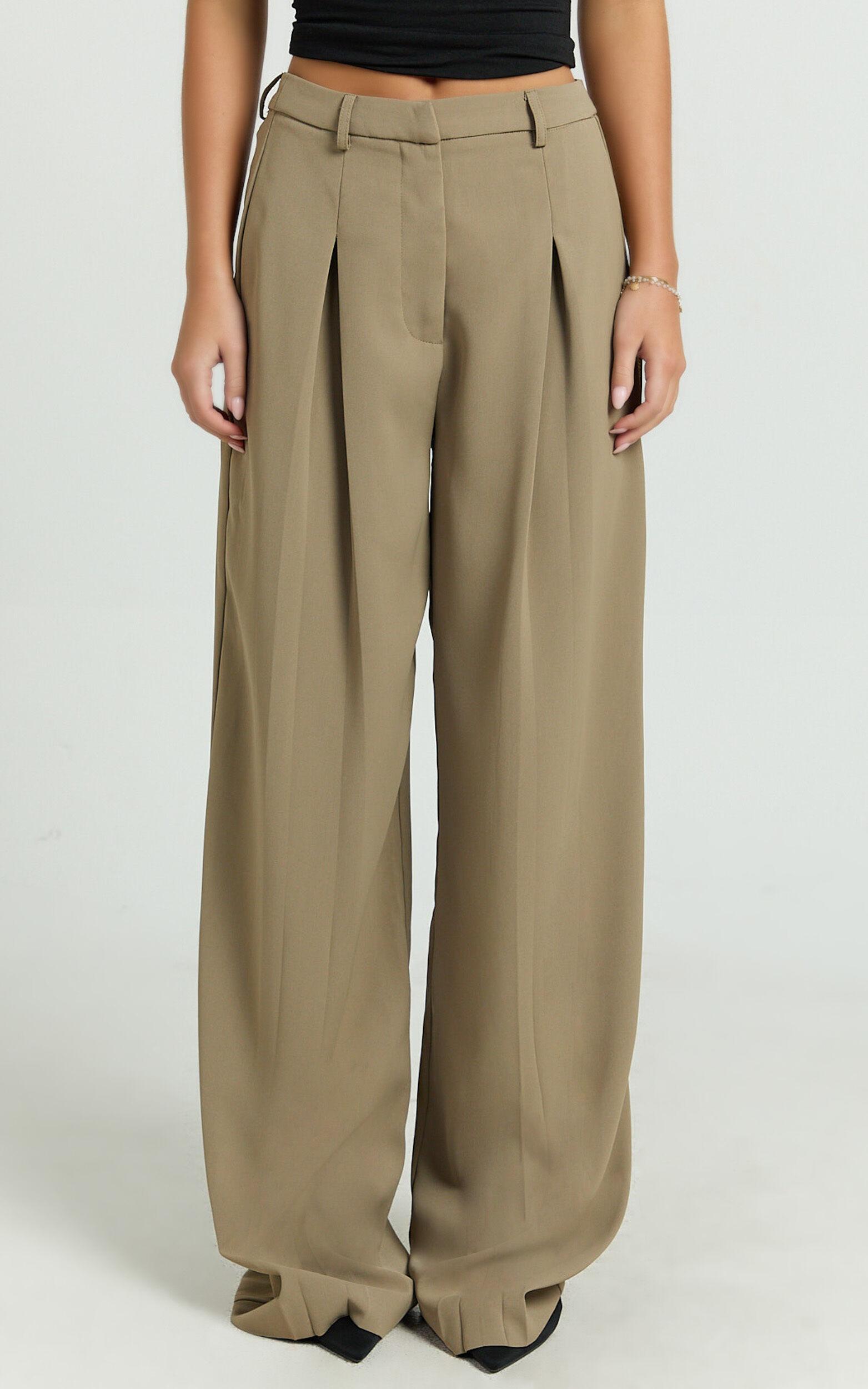 Harlee Pants - Mid Waist Pleated Wide Leg Pants in Olive Product Image