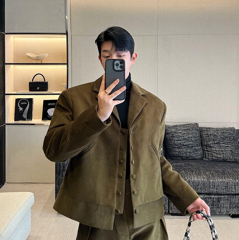 Set: Long-Sleeve Plain Blazer + High-Waist Plain Straight Leg Dress Pants Product Image