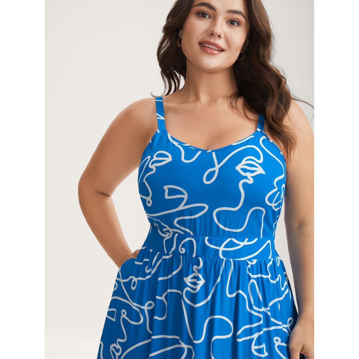 Plus Size Abstract Line Print Adjustable Midi Dress Mediumblue Women Non Sleeveless Curvy BloomChic 18-20/2X Product Image