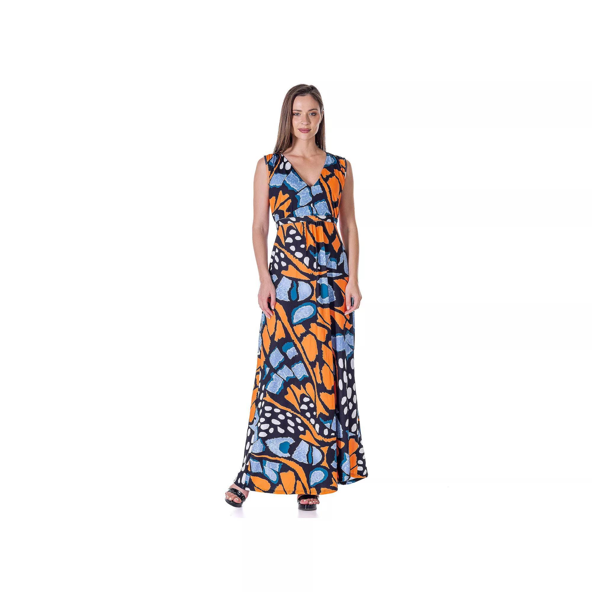 Women's 24Seven Comfort Apparel V Neck Tie Back Empire Waist Sleeveless Maxi Dress, Size: Medium, Orange Team Product Image