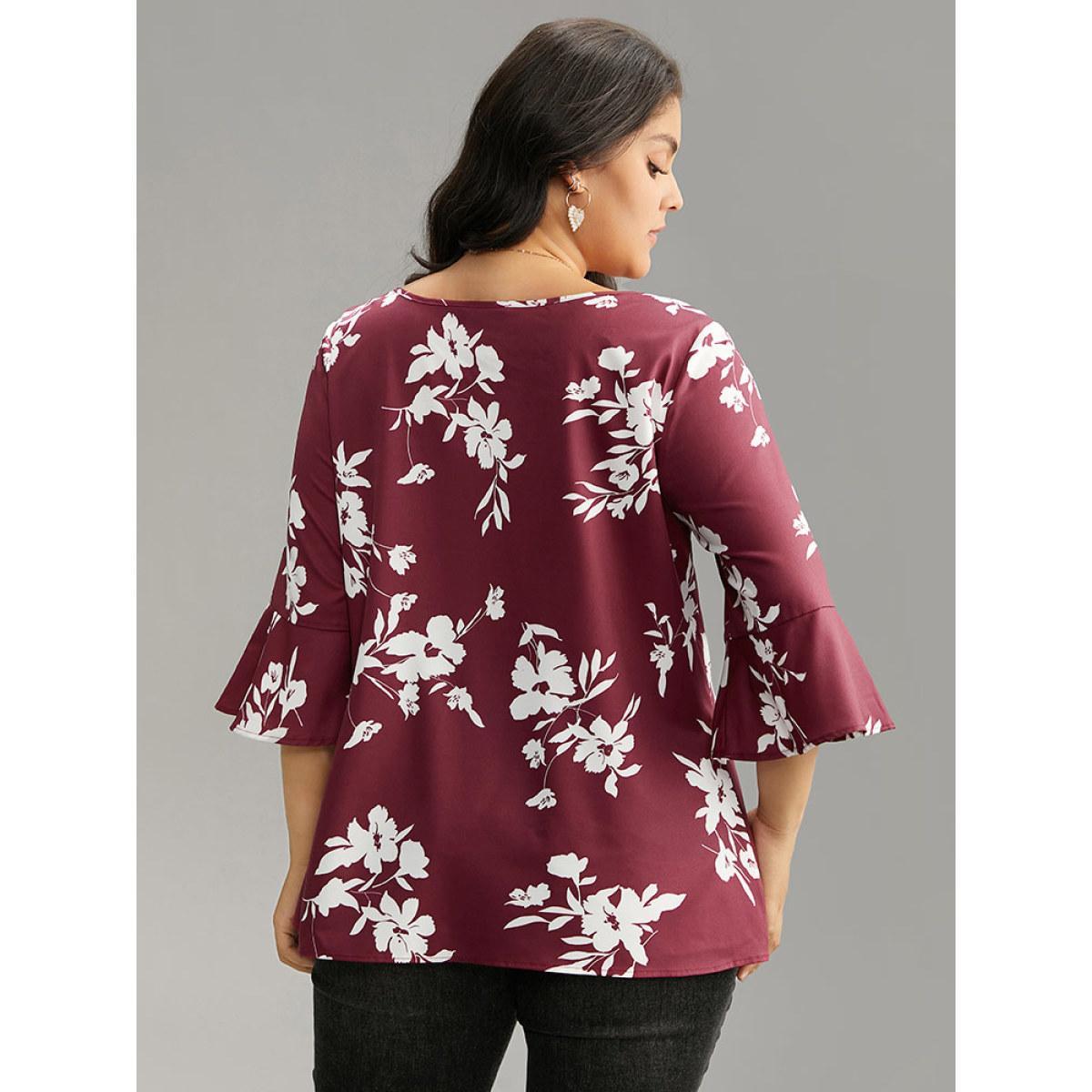 Plus Size Scarlet Silhouette Floral Print Ruffle Sleeve Twist Front Blouse Women Elegant Elbow-length sleeve Round Neck Party Blouses BloomChic 22-24/3X Product Image