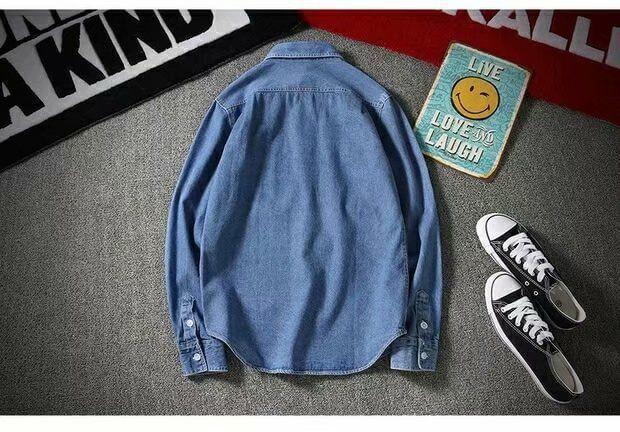 Long Sleeve Collared Washed Denim Shirt Product Image