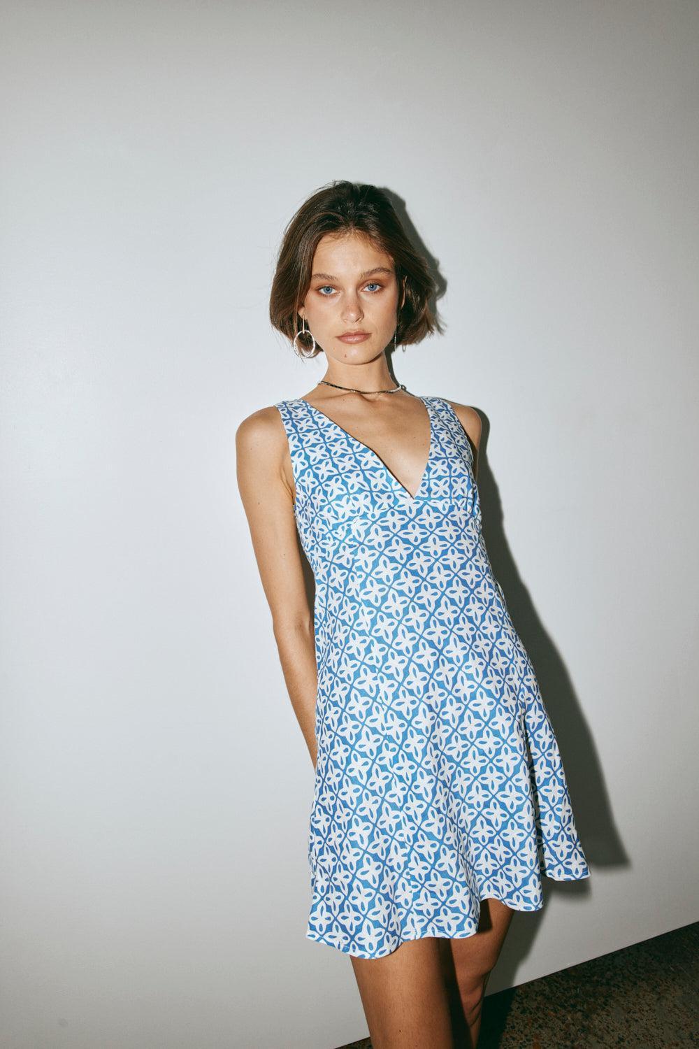 Sun Seeker Bias Cut Linen Mini Dress Blue Product Image