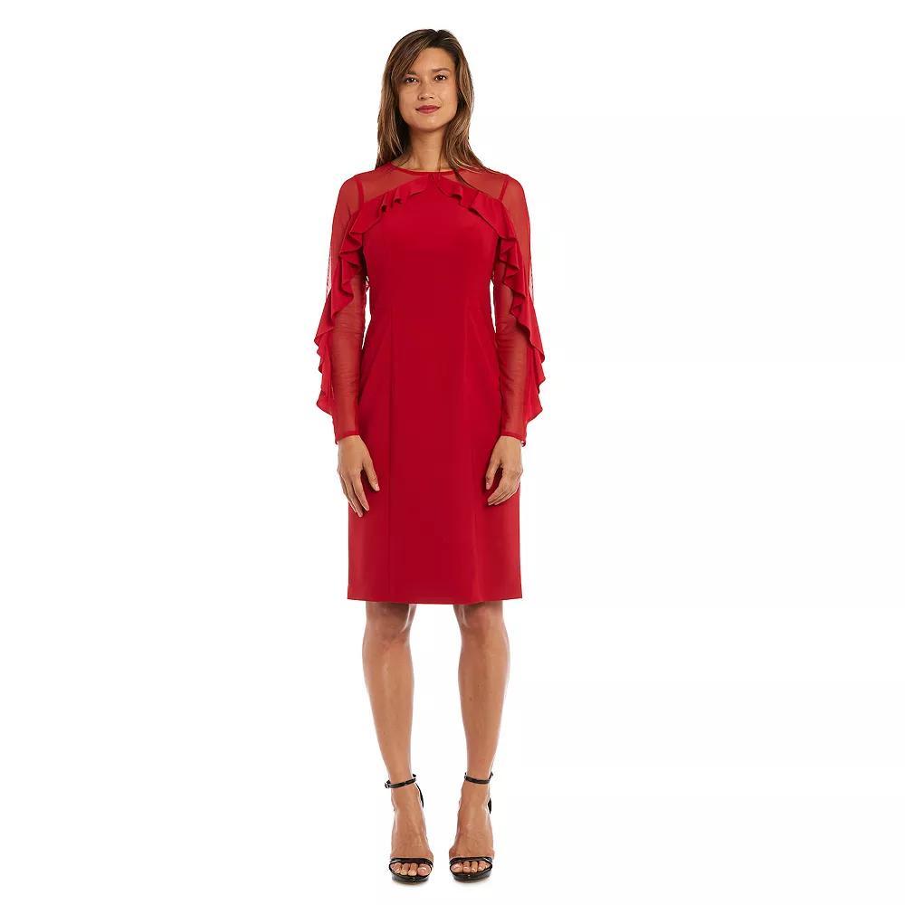 Women's R&M Richards Sheer Detailed Long Sleeve Ruffly Midi Dress, Size: 8, Red Product Image