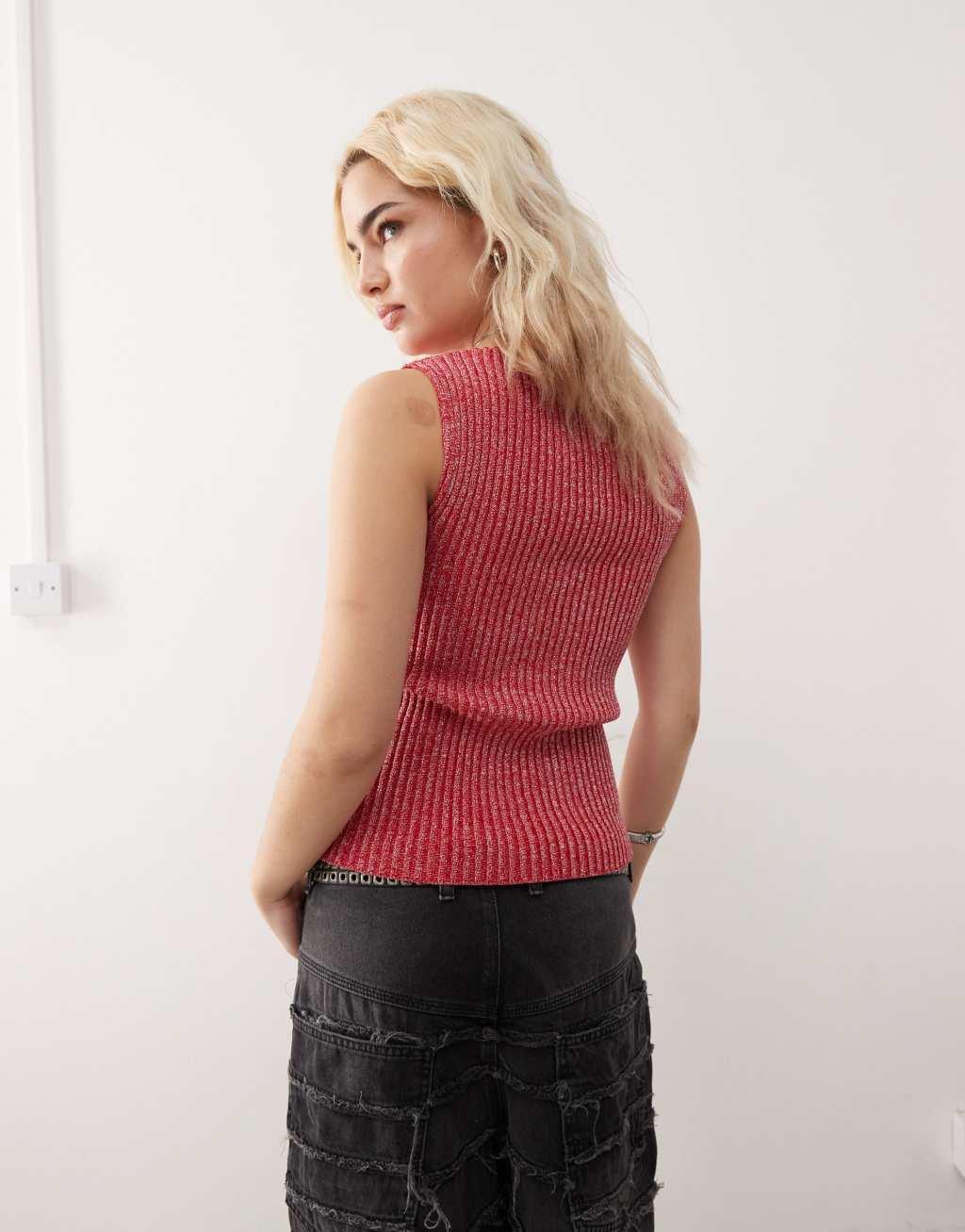 COLLUSION shimmer knit tank in red Product Image