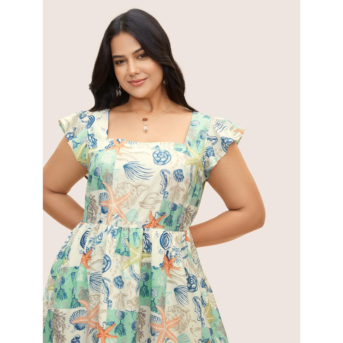 Plus Size Marine Elements Cap Sleeve Elastic Waist Dress Originalwhite Women Resort Ruffles Square Neck Cap Sleeve Curvy BloomChic 18-20/2X Product Image