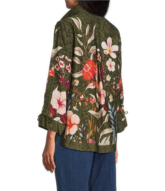 John Mark Petite Size Floral Print Woven Wire Collar 3/4 Cinched Tie Sleeves Button Front Top Product Image