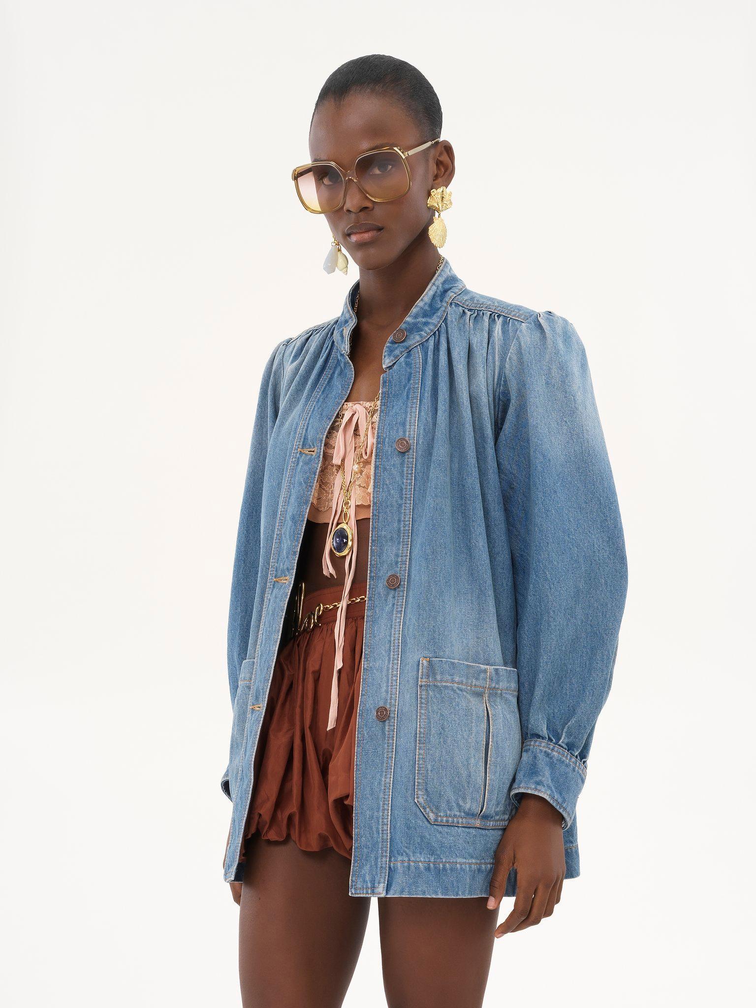 High-neck gathered jacket in denim Product Image