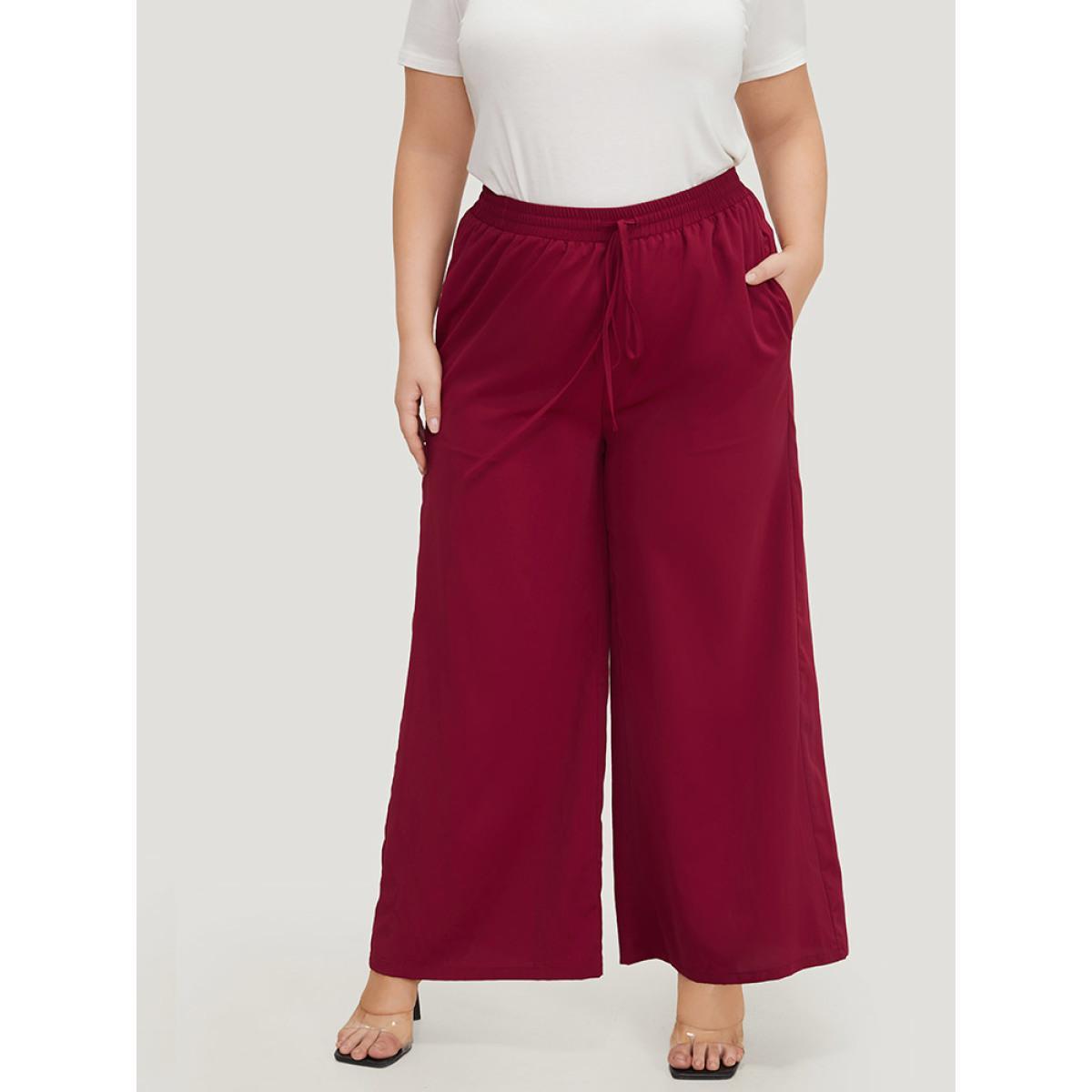 Plus Size Solid Pocket Drawstring Wide Leg Pants Women Burgundy Office Wide Leg High Rise Work Pants BloomChic 22-24/3X Product Image