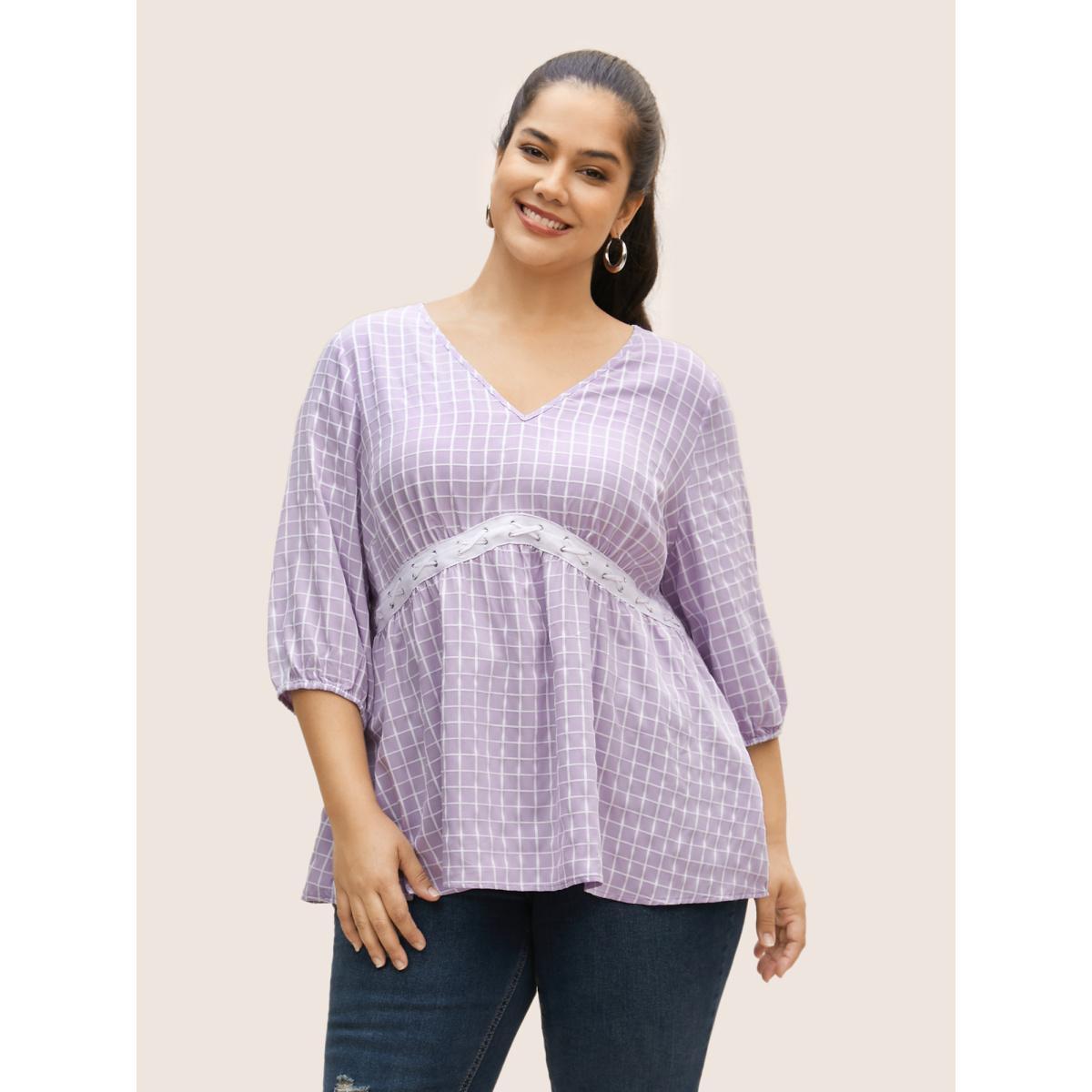 Plus Size Lavender Gingham Patchwork Lantern Sleeve Blouse Women Casual Elbow-length sleeve V-neck Everyday Blouses BloomChic 18-20/2X Product Image