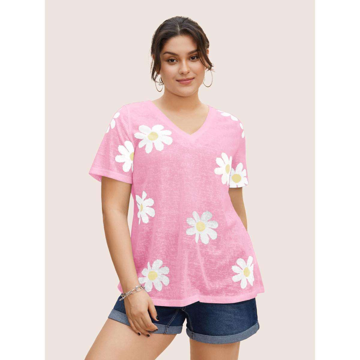 Plus Size Colored Floral V Neck See Through T-Shirt Blush Women Casual See through Art&design V-neck Everyday T-shirts BloomChic 30/6X Product Image