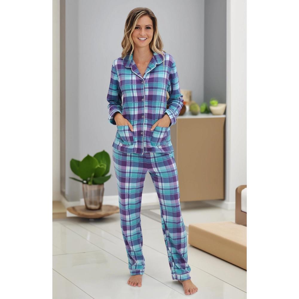 ADR Women's Plush Fleece Pajamas Set, Button Down Winter PJ Set Purple and Teal Plaid Small Product Image