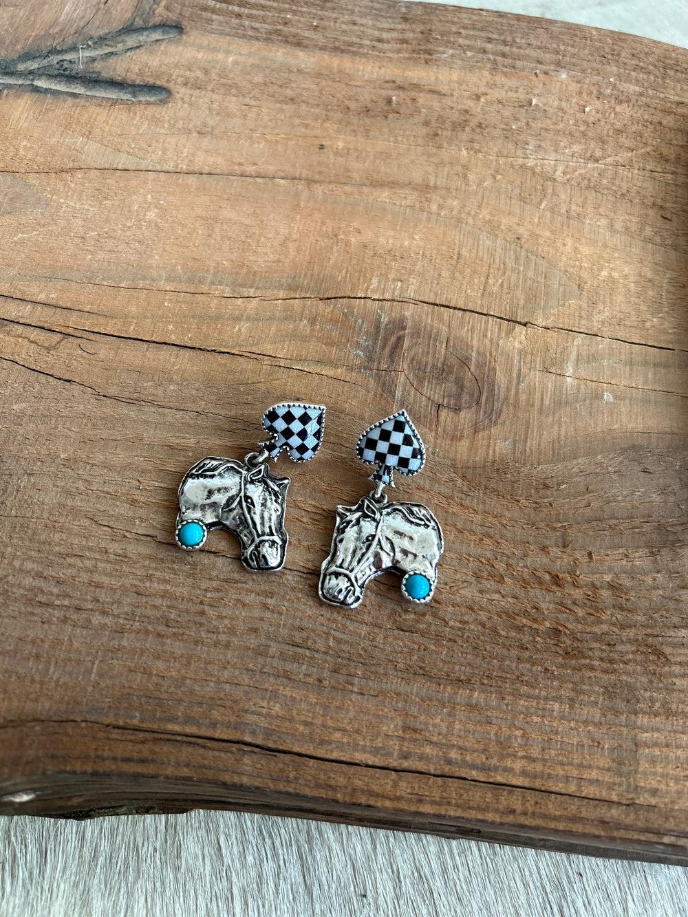Western Style Horse And Checked Earring Product Image