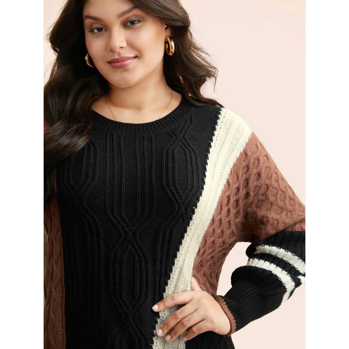 Plus Size Contrast Patchwork Cable Knit Pullover Black Women Casual Loose Long Sleeve Round Neck Everyday Pullovers BloomChic 18-20/2X Product Image